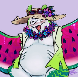 2_antennae ambiguous_anthro ambiguous_gender antennae_(anatomy) antennae_piercing anthro arm_markings belly big_belly blush breasts clothed clothing conjoined_eyes eyebrow_through_hat eyes_closed featureless_breasts featureless_crotch fin flat_chested flower_on_hat furgonomic_piercing furgonomics gills glistening glistening_body green_antennae green_clothing green_shirt green_stripes green_thighs green_topwear happy hat headgear headwear heart_(marking) lei magenta_skin markings mole_(marking) multicolored_arms multicolored_body multicolored_skin neck_accessory no_navel open_clothing open_mouth open_shirt open_smile open_topwear overweight overweight_ambiguous overweight_anthro pantsless_anthro piercing purple_background shirt simple_background sleeveless_shirt smile solo spread_arms straw_hat stripes summer sunglasses_on_hat toony topwear torn_clothing torn_shirt torn_topwear tropical watermelon_pattern white_belly white_body white_skin white_torso wide_hips skoortnut nintendo splatoon big_man_(splatoon) aquatic fish manta_ray ray_(fish) 2024 portrait shaded soft_shading three-quarter_portrait male_(lore)