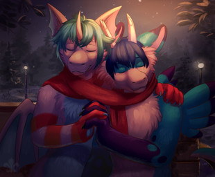 anthro arm_around_shoulders duo eyes_closed front_view fur hair horn hug interlocked_fingers male male/male membrane_(anatomy) membranous_wings mostly_nude night nude outside romantic romantic_ambiance romantic_couple scarf scarf_only sharing_clothing sharing_scarf sky smile standing star starry_sky wings hvost mythology dragon furred_dragon furred_scalie mythological_creature mythological_scalie scalie source_request unavailable_at_source