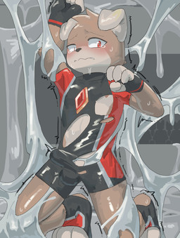 anthro arm_above_head blush bound bulge clothing erection hand_above_head kneeling male red_eyes scared slime solo torn_clothing albert19990202 canid canine canis domestic_dog mammal colored hi_res