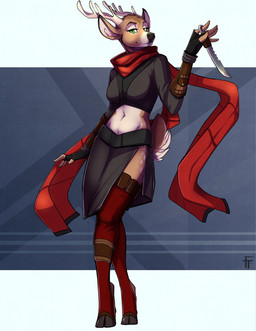 5_fingers anthro antlers breasts brown_body brown_fur clothed clothing dagger eyebrows eyelashes female fingers fur green_eyes hooves horn leggings legwear melee_weapon midriff navel scarf solo weapon firetally zoey_(boolean) deer mammal 2019 digital_media_(artwork) hi_res