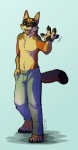 anthro bottomwear clothed clothing denim denim_bottomwear denim_clothing eyewear gesture jeans male pants simple_background solo sunglasses topless waving nowandlater ochropus canid canine canis coyote mammal 2015 digital_media_(artwork)