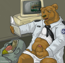 accessory anthro book brown_body brown_fur brown_nose clothing computer electronics erection fur genitals humanoid_genitalia humanoid_hands humanoid_penis male masturbation necktie penis shirt sitting slightly_chubby solo topwear blackburn bear mammal 2006
