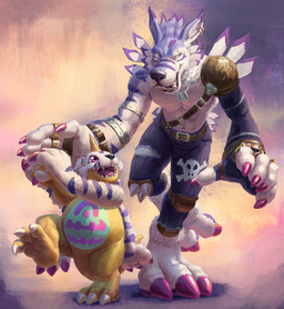 3_toes 5_fingers abs ambiguous_anthro ambiguous_gender anthro barefoot big_feet bottomwear claws clothed clothed_anthro clothed_male clothing duo fangs feet fingers fur happy hindpaw male male_anthro muscular muscular_anthro muscular_male navel open_mouth pants paws pecs purple_eyes running sharp_teeth size_difference slightly_chubby smile soles teeth toe_claws toes topless topless_anthro topless_male torn_clothing unsigned whiskers spectrumshift teaselbone bandai_namco digimon canid canine digimon_(species) gabumon mammal reptile scalie werecreature weregarurumon artist_collaboration digital_media_(artwork)