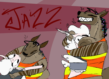 abstract_background accessory anthro areola beads big_areola big_breasts black_nose bottomwear breasts brown_body brown_fur clothing duo emanata eyes_closed face_in_breasts facial_markings female fur hair hair_accessory hair_beads head_markings heart_eyes heart_symbol hooves hug interspecies larger_female lifting_partner lips male male/female markings mask_(marking) nipples overweight overweight_anthro overweight_female predator/prey reflective_clothing scut_tail sharp_teeth short_tail shorts size_difference smaller_male striped_arms striped_body striped_fur stripes tail teeth text topwear vest wide_eyed wool_(fur) the_weaver pack_street jazz_(weaver) remmy_cormo bovid caprine hyena mammal sheep striped_hyena 2026 colored dated digital_drawing_(artwork) digital_media_(artwork) english_text hi_res signature