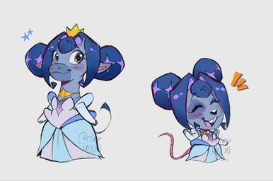 alternate_species anthro blue_body blue_clothing blue_dress blue_eyes blue_fur blue_hair blush buckteeth clothing double_bun dress duo eyes_closed female fur furrification gesture hair hair_bun looking_at_viewer mouse_tail mouth_closed open_mouth pink_tail simple_background smile standing star tail teeth tongue waving white_background clearmoonbas_lemoon animal_crossing glitch_productions knights_of_guinevere nintendo princess_guinevere bovid bovine cattle mammal mouse murid murine rodent english_description hi_res