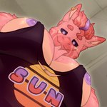 anthro black_clothing black_sclera black_shirt black_topwear clothing eyebrows fur hair looking_at_viewer male nipples piercing pink_body pink_fur pointy_ears prick_ears purple_eyes purple_nipples red_body red_fur red_hair shirt smile snout solo tan_body tan_fur tank_top topwear lewderdaydreams mythology pec_pov_meme arsun_(lewderdaydreams) asinus donkey dragon eastern_dragon equid equine mammal mythological_creature mythological_scalie scalie 1:1