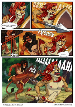 angry anthro areola balls bottomwear clothed clothing detailed_background dialogue digitigrade duo feet fight fingers flaccid foreskin forest fur genitals hair holding_melee_weapon holding_object holding_polearm holding_shield holding_spear holding_weapon humanoid_genitalia humanoid_penis kick loincloth loincloth_only male male/male melee_weapon muscular muscular_anthro muscular_male nipples open_mouth outside partially_retracted_foreskin pawpads pecs penis plant polearm screaming shield smile spear speech_bubble standing tail teeth text thought_bubble toes tongue tongue_out topless topless_anthro topless_male tree warrior weapon darkthorns felid lion mammal pantherine comic digital_media_(artwork) english_text hi_res url
