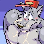 1:1 anthro big_muscles blush bodily_fluids canid canine canis clothed clothing cum cum_covered cum_on_face excessive_cum excessive_genital_fluids genital_fluids hat headgear headwear huge_muscles low_res male mammal messy muscular muscular_anthro muscular_male nipples plumber poop_(artist) sad solo topless wolf