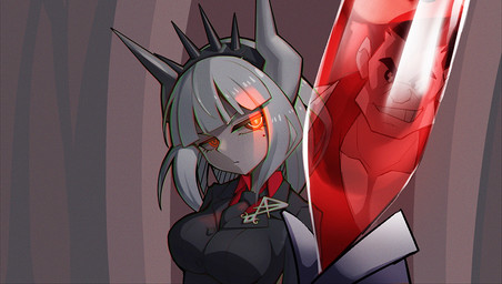 accessory beverage black_eyebrows black_hair breasts clothing eyebrows eyewear female grey_hair grey_horn grin hair headband holding_glass holding_object horn long_hair looking_at_object markings mole_(marking) muscular muscular_female necktie not_furry occult_symbol red_eyes short_hair sigil sigil_of_lucifer simple_background smile solo suit sunglasses symbol white_body white_eyebrows white_skin z.o.b helltaker lucifer_(helltaker) protagonist_(helltaker) demon demon_humanoid human humanoid mammal
