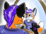 3_fingers anthro black_ears blue_eyes clean_diaper clothed clothing diaper duo fingers fur hair looking_at_mirror looking_at_object male mirror orange_body orange_fur purple_hair purple_spots reflection simple_background spots wearing_diaper young young_anthro aito canid canine fox mammal 4:3