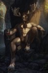 abs anthro antlers bottomwear chair clothing facial_hair furniture hooves horn loincloth male muscular muscular_anthro muscular_male mustache pecs solo throne waterfall b.koal diffuse_moose deer mammal moose new_world_deer 2023 hi_res