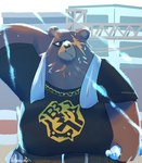 anthro belly bodily_fluids bottle brown_body brown_fur clothing construction_site container facial_scar fur jewelry male missing_eyes necklace overweight scar shirt solo sweat t-shirt topwear towel water_bottle negigi mihoyo zenless_zone_zero ben_bigger bear mammal