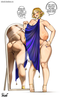 5_fingers 5_toes big_breasts big_butt biped blonde_hair blue_clothing blush breasts butt clothed clothed_female clothed_humanoid clothing dialogue feet female female_humanoid fingers genitals hair huge_breasts huge_butt humanoid_feet humanoid_hands humanoid_pointy_ears looking_at_viewer mirror not_furry plantigrade pointy_ears short_hair solo speech_bubble standing text toes vulva slush5244 nintendo the_legend_of_zelda princess_zelda humanoid hylian absurd_res english_text hi_res