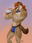 anthro bartender bow_tie bulge clothing detailed_bulge genital_outline jockstrap looking_at_viewer male muscular muscular_male navel navel_piercing penis_outline piercing simple_background slim solo underwear lion21 kwende_(thetamule) hyena mammal 3:4 hi_res