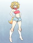 anthro bandeau biped blonde_hair boots bottomwear breasts clothing denim denim_bottomwear denim_clothing denim_shorts female footwear hair half-closed_eyes hands_on_hips kerchief midriff narrowed_eyes shoes shorts solo topwear colo canid canine canis domestic_dog mammal 2020 hi_res