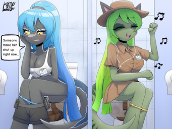 anthro bathroom bodily_fluids bottomwear bottomwear_down clothed clothing clothing_pull duo feces female female/female genital_fluids panties panty_pull partially_clothed peeing pooping public_restroom restroom_stall shorts shorts_down toilet toilet_use underwear underwear_pull urine kittypeller jurassic_park jurassic_world universal_studios blue_(jurassic_world) charlie_(jurassic_world) dinosaur dromaeosaurid prehistoric_species reptile saurischian scalie theropod velociraptor 4:3 hi_res