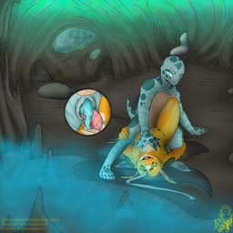 animal_genitalia anthro bodily_fluids cave cavern cloaca_juice cloacal cloacal_penetration cloacal_penis detailed_background duo frottage frottage_in_slit genital_fluids genital_slit genitals hand_on_chest intersex intersex/male leg_grab male male/male mutual_penetration ouroboros_position penetration penile penises_touching scissor_position sex thigh_grab water fledgedragonfox ebb_goldling_(fledgedragonfox) johno_thunder_(johny_thunder) aquatic cyprinid cypriniform fish goldfish reptile scalie turtle 1:1