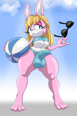 anthro ball beach_ball big_breasts bikini blonde_hair blue_eyes breasts bulge clothed clothing detailed_bulge erection erection_under_bikini erection_under_bottomwear erection_under_clothing eyewear feet fur genitals gynomorph hair holding_beach_ball holding_eyewear holding_object holding_sunglasses inflatable intersex pink_body pink_fur solo sunglasses swimwear two-piece_swimsuit shinmayjay claire_the_rabbit lagomorph leporid mammal rabbit absurd_res digital_media_(artwork) hi_res trans_(lore) trans_woman_(lore)