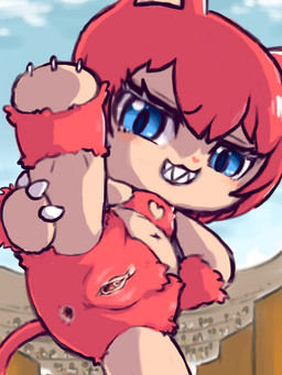anthro anus blue_eyes blush claws clitoral_hood clitoris coliseum eyelashes female fur genitals hair heart_nose heart_pattern heart_symbol inner_labia looking_at_viewer low-angle_view navel presenting presenting_anus presenting_vulva raised_leg red_body red_fur red_hair sharp_teeth sky solo teeth thick_eyelashes vulva x_navel diru monster_rancher tecmo background_character felid mammal mum_mew_(monster_rancher) 3:4 hi_res