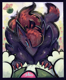 ambiguous_gender ambiguous_pov anthro anthro_on_anthro black_border blue_eyes border breasts claws duo female first_person_view hair looking_at_viewer navel red_claws red_hair smile tail savielle nintendo pokemon generation_5_pokemon generation_9_pokemon meowscarada pokemon_(species) zoroark 2026 absurd_res digital_media_(artwork) hi_res