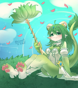 anthro breasts clothed clothing female fingers grassland green_body green_eyes green_hair green_tail hair multicolored_body solo tail white_body lalamedli domestic_cat felid feline felis mammal 2026 absurd_res digital_media_(artwork) hi_res