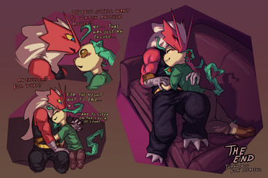 anthro biped black_clothing blue_eyes blush blush_lines bottomwear brown_eyes clothed clothed_male clothing cuddling dialogue digitigrade eyes_closed furniture heart_symbol hug male male/male male_anthro muscular muscular_male on_sofa pants red_body shirt simple_background sitting sitting_on_sofa sleeping sleeping_on_sofa sleeping_together sofa tail text topwear vonepitaph nintendo pokemon byron_(vonepitaph) kale_(vonepitaph) blaziken eeveelution generation_3_pokemon generation_4_pokemon leafeon pokemon_(species) 2025 comic digital_media_(artwork) english_text hi_res