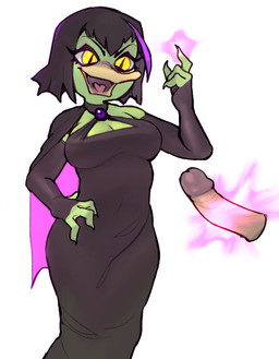 anthro beak black_clothing black_dress black_hair breasts cleavage clothed clothing disembodied_penis dress duo eyelashes feathers female female_focus front_view genitals green_body green_feathers hair hand_on_hip highlights_(coloring) male male/female open_mouth penis pupils purple_highlights short_hair simple_background slit_pupils solo_focus white_background wide_hips yellow_eyes foursnail disney magica_de_spell anatid anseriform avian bird duck