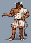 anthro armband big_muscles blue_eyes bracelet brown_body brown_fur brown_hair brown_nose cloth_belt clothed clothing cloven_hooves fur hair hand_on_hip hooves horn huge_muscles jewelry looking_aside male muscular muscular_anthro nipples smile solo standing tail tail_tuft teeth toga tuft ser_halo european_mythology greek_mythology mythology iason_avarta bovid bovine mammal minotaur hi_res