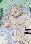 5_fingers abs anthro areola balls barazoku biceps big_balls big_muscles big_pecs black_nose blue_eyes chair ear_piercing ear_ring erection fingers forest forest_background fur furniture genitals hand_on_leg humanoid_genitalia humanoid_penis jewelry kemono leather_bracelet looking_at_viewer male mane manly melee_weapon muscular muscular_anthro muscular_legs muscular_male nature nature_background necklace nipples nude obliques pecs penis piercing pink_nipples plant pubes ring_piercing rock solo sword tan_body tan_fur thick_penis throne tree vein veiny_arms veiny_penis weapon dashthefox bandai_namco digimon leomon_day digimon_(species) felid leomon lion mammal pantherine 2024 absurd_res hi_res traditional_media_(artwork)