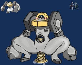 1_eye black_body black_eyes blush blush_lines blush_stickers bodily_fluids crouching female front_view genital_fluids genitals grey_body improvised_dildo improvised_sex_toy masturbation metallic_body not_furry nude nude_female penetration pink_vulva pokemorph simple_background solo spread_legs spreading vaginal vaginal_fluids vaginal_fluids_on_ground vaginal_masturbation vaginal_penetration vulva yellow_body safersophieroth nintendo pokemon animate_inanimate elemental_creature generation_7_pokemon legendary_pokemon melmetal metal_creature mineral_fauna pokemon_(species) 2025 absurd_res alpha_channel digital_media_(artwork) hi_res watermark