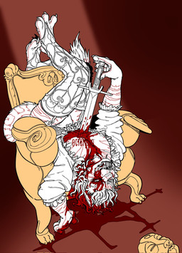 anthro armchair blood blood_on_arm blood_on_chest blood_on_face blood_on_ground bodily_fluids bulge chair claws clothed clothing crossdressing fangs finger_claws furniture gore imminent_death legwear looking_at_viewer lying male male_anthro melee_weapon muscular muscular_anthro muscular_male on_back on_chair open_clothing open_mouth open_topwear simple_background solo striped_arms suicide sword teeth toe_claws tongue tongue_out topwear weapon 0ct0m0n0 felid lion mammal pantherine hi_res partially_colored
