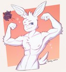 2024 anthro athletic athletic_anthro athletic_male biped blood blue_eyes bodily_fluids flexing flexing_bicep flexing_both_biceps fur hi_res i_think_i_like_you lagomorph leon_(i_think_i_like_you) leporid looking_at_viewer male mammal nosebleed rabbit sky_(i_think_i_like_you) solo white_body white_fur windy_solstice