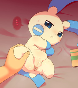 anus bedding bedding_background bodily_fluids chibi disembodied_hand duo female first_person_view genitals human_pov humanoid_hands leg_grab looking_at_viewer lying nude on_back pov_hands sweat vulva white_body alacarte nintendo pokemon generation_3_pokemon human mammal minun pokemon_(species) hi_res