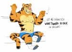 anthro clothing male navel nipples pink_nose sitting smoking solo text underwear spazz_bear disney winnie_the_pooh_(franchise) tigger felid mammal pantherine tiger 2020 absurd_res english_text hi_res