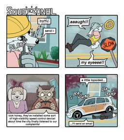 4_panel_comic anthro armor car clothed clothed_anthro clothed_female clothed_male clothing dialogue driving elderly_anthro elderly_female elderly_male electronics eye_injury female fully_clothed fully_clothed_anthro fully_clothed_female fully_clothed_male fur gloves group handwear hard_hat headgear helmet holding_object lying male pain plant radio road road_sign run_over safety_vest tail text topwear tree trio vehicle vest white_body white_fur hieronymusjohnson chrysler pt_cruiser stellantis_n.v. squeez_(hieronymusjohnson) canid canine canis domestic_cat domestic_dog felid feline felis mammal nordic_sled_dog samoyed spitz 2025 aliasing binary_drawing comic digital_drawing_(artwork) digital_media_(artwork) english_text hi_res