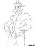 anthro backwards_hat balls_outline briefs bulge clothing collar detailed_bulge genital_outline hair hat headgear headwear looking_at_viewer male muscular muscular_anthro muscular_male navel nipple_piercing nipples pecs piercing solo tail tail_motion tailwag text tongue tongue_out underwear kihu evan_(kihu) canid canine canis dobermann domestic_dog mammal pinscher 2019 2d_animation animated black_and_white frame_by_frame monochrome short_playtime url