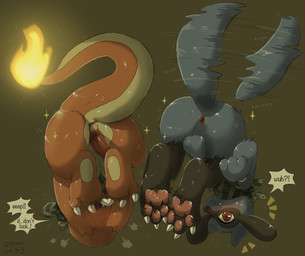 anus balls black_body black_fur blue_body blue_fur blush blush_lines bodily_fluids butt claws covering covering_face dialogue duo embarrassed erection fire flaming_tail fur genitals harmony_scarf male male/male orange_body pawpads paws penis presenting presenting_anus presenting_hindquarters speech_bubble surprised sweat sweatdrop tail tail_motion tailwag talking_to_viewer text toe_claws qrnrr nintendo pokemon pokemon_mystery_dungeon spike_chunsoft charmander generation_1_pokemon generation_4_pokemon pokemon_(species) riolu english_text