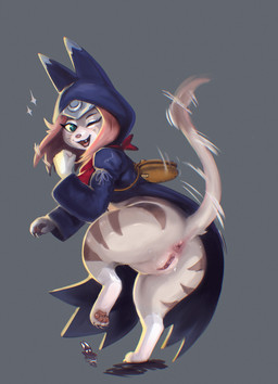 anthro anus bodily_fluids breasts butt clothed clothing female fur genital_fluids genitals hair kerchief looking_at_viewer low-angle_view multicolored_body multicolored_fur purse raised_tail simple_background smile solo tail tail_anus teeth tongue upskirt vulva newd capcom monster_hunter monster_hunter_stories_2:_wings_of_ruin tsukino_(monster_hunter_stories) felid feline felyne lynian mammal palico digital_media_(artwork) hi_res