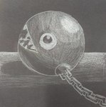 bound chain chained glistening glistening_body glistening_eyes not_furry shadow sharp_teeth solo teeth white_on_black saureal mario_bros nintendo chain_chomp sphere_creature colored_pencil_(artwork) monochrome shaded traditional_media_(artwork)