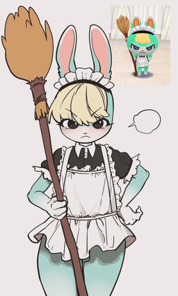 angry anthro apron balls barely_visible_balls barely_visible_genitalia blush bottomless broom cleaning_tool clothed clothing crossdressing dress eyebrow_through_hair eyebrows eyelashes femboy front_view frown fur genitals hair hand_on_hip headdress holding_object looking_at_viewer maid_headdress maid_uniform male no_underwear photo pouting simple_background solo standing translucent translucent_hair tuft uniform wardrobe_malfunction white_background yuio animal_crossing nintendo sasha_(animal_crossing) lagomorph leporid mammal rabbit 2022 digital_media_(artwork) hi_res shaded