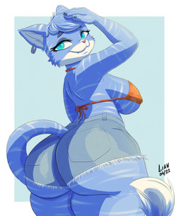 anthro bikini blue_body blue_eyes blue_fur blue_hair blue_tail bottomwear breasts butt clothing denim denim_bottomwear denim_clothing denim_shorts ear_piercing ear_ring fangs female fingers fur hair piercing pink_nose ring_piercing shorts solo swimwear tail teeth two-piece_swimsuit white_body white_fur lian_(artist) mika_(lian) domestic_cat felid feline felis mammal 2022 absurd_res hi_res