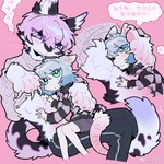 1:1 2023 ah_xin_(zhang_gun) anthro blue_hair chinese_text clothing duo felid female hair hi_res kemono looking_at_another mammal narrow_hips pantherine pink_background shirt simple_background size_difference smile snow_leopard text thin_calves thin_legs thin_thighs topwear translated xiaohen_(zhang_gun) zhang_gun