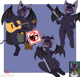 acoustic_guitar anthro balls butt clothed clothing eyewear flaccid genitals glasses guitar gun hat headgear headwear holding_object male musical_instrument nude partially_clothed penis plucked_string_instrument ranged_weapon sign simple_background sitting solo string_instrument weapon wings dangermons pixile_studios super_animal_royale bat mammal absurd_res digital_media_(artwork) hi_res