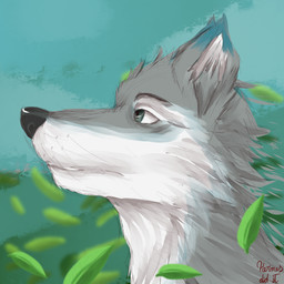 abstract_background anthro fur green_eyes grey_body grey_fur leaf male simple_background solo wind hermesdidit canid canine canis mammal wolf 1:1 absurd_res headshot_portrait hi_res icon portrait sketch