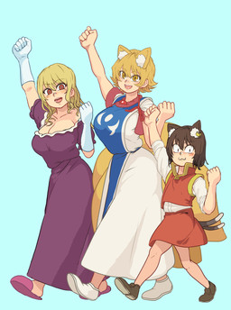 2_tails :3 :d ambiguous_gender ambiguous_humanoid big_breasts blonde_hair blue_background blue_clothing blue_tabard bottomwear breasts brown_clothing brown_ears brown_footwear brown_hair brown_shoes cat_smile cleavage clothed clothed_ambiguous clothed_female clothed_human clothed_humanoid clothing dress ear_piercing ear_ring female female_human female_humanoid fist footwear fully_clothed fully_clothed_ambiguous fully_clothed_female fully_clothed_human fully_clothed_humanoid gloves group hair handwear inner_ear_fluff long_hair multi_tail open_mouth open_smile piercing pupils purple_clothing purple_footwear purple_shoes purple_slippers raised_arm red_bottomwear red_clothing red_eyes red_skirt red_topwear red_vest ring_piercing shirt shoes short_hair simple_background skirt slippers slit_pupils smile tabard tail topwear trio tuft vest walking white_clothing white_dress white_footwear white_gloves white_handwear white_inner_ear_fluff white_shirt white_shoes white_topwear yellow_ears yellow_eyes chanta asian_mythology east_asian_mythology japanese_mythology mythology touhou chen_(touhou) ran_yakumo yukari_yakumo animal_humanoid canid canid_humanoid canine canine_humanoid cat_humanoid felid felid_humanoid feline feline_humanoid fox_humanoid human humanoid mammal mammal_humanoid nekomata yokai absurd_res hi_res