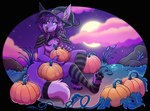 anthro clothing female food footwear fruit halloween_2024 hat headgear headwear holidays leggings legwear magic_user plant pumpkin purple_body samhain socks solo tidehardt witch halloween emberfox canid canine fennec_fox fox mammal true_fox absurd_res hi_res