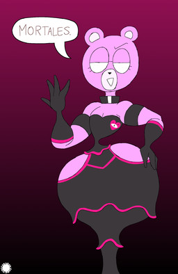 4_fingers anthro armwear clothed clothing crossdressing curvy_figure dialogue dress elbow_gloves eyelashes eyewear facial_markings femboy fingers fur glasses gloves gradient_background hand_on_hip handwear head_markings heart_symbol logo male markings muzzle_(marking) pink_body pink_fur simple_background small_waist solo speech_bubble text thick_thighs wasp_waist wide_hips thatdawgmurray unicorn_wars padre_(unicorn_wars) bear mammal aliasing artist_logo artist_name digital_media_(artwork) hi_res signature spanish_text