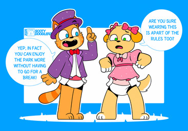 anthro blue_background clothed clothing diaper duo fancy_clothing female hat headgear headwear male male/female simple_background speech_bubble text top_hat wearing_diaper conditional_dnp scoty_doodlerz giggleland eliot_(giggleland) ella_(giggleland) canid canine domestic_cat felid feline felis mammal absurd_res hi_res