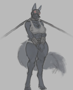 angry anthro big_breasts breasts clothed clothing collar covered_eyes cuff_(restraint) digitigrade female headgear muzzle_(object) restrained restraints shirt solo standing tank_top thick_thighs topwear skulledk9 british_mythology european_mythology mythology scp_foundation scp-023 canid canine canis mammal mythological_canine mythological_creature spectral_dog spirit wolf hi_res