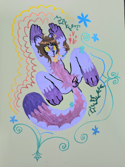 accessory animal_genitalia anthro beads brown_hair collar fur genitals grey_collar hair hair_accessory hair_beads jewelry lying male pattern_background purple_body purple_fur red_eyes simple_background solo unsheathed white_background yellow_sclera engelstrompete 3:4 absurd_res hi_res traditional_media_(artwork)